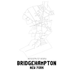 Bridgehampton New York. US street map with black and white lines.