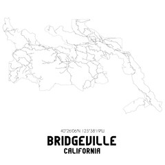 Bridgeville California. US street map with black and white lines.