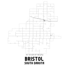 Bristol South Dakota. US street map with black and white lines.