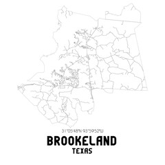 Brookeland Texas. US street map with black and white lines.