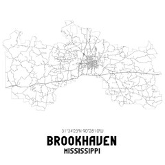 Brookhaven Mississippi. US street map with black and white lines.