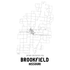 Brookfield Missouri. US street map with black and white lines.