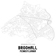 Broomall Pennsylvania. US street map with black and white lines.