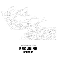 Browning Montana. US street map with black and white lines.