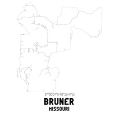 Bruner Missouri. US street map with black and white lines.