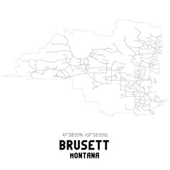 Brusett Montana. US street map with black and white lines.