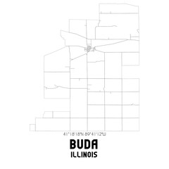 Buda Illinois. US street map with black and white lines.