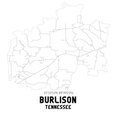 Burlison Tennessee. US street map with black and white lines.