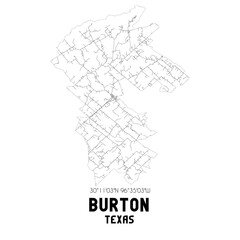 Burton Texas. US street map with black and white lines.