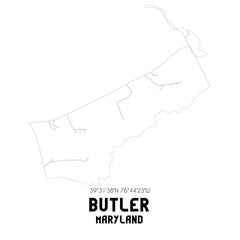 Butler Maryland. US street map with black and white lines.