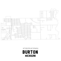 Burton Michigan. US street map with black and white lines.