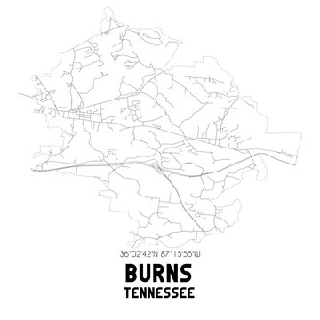 Burns Tennessee. US street map with black and white lines.