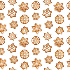 Christmas gingerbread seamless pattern. Holiday traditional cookies background.