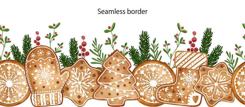 Christmas gingerbread seamless border. Holiday traditional cookies background with fir branch; mistletoe, berry.