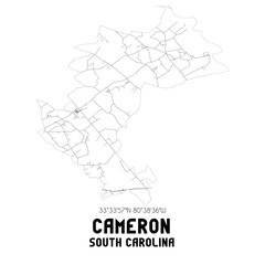 Cameron South Carolina. US street map with black and white lines.