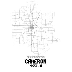 Cameron Missouri. US street map with black and white lines.