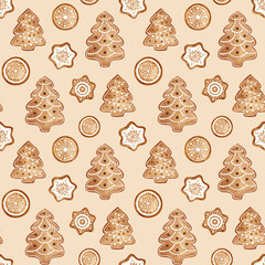 Christmas gingerbread seamless pattern. Holiday traditional cookies background.