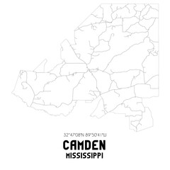 Camden Mississippi. US street map with black and white lines.