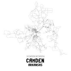 Camden Arkansas. US street map with black and white lines.