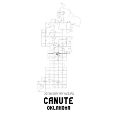 Canute Oklahoma. US street map with black and white lines.