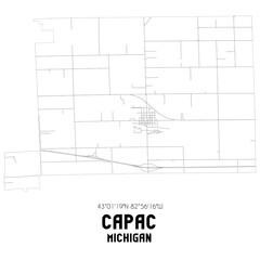 Capac Michigan. US street map with black and white lines.