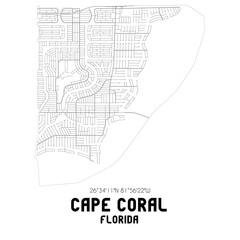 Cape Coral Florida. US street map with black and white lines.