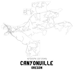 Canyonville Oregon. US street map with black and white lines.