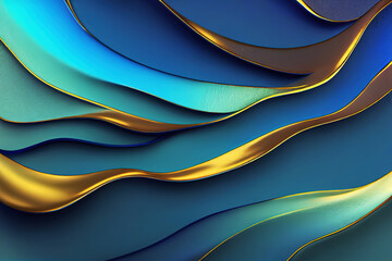 3D render. Abstract wavy blue background with golden edges. Vortex and spreading.