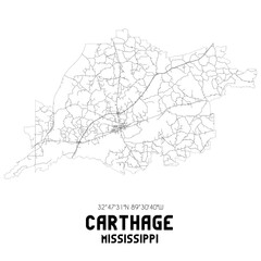 Carthage Mississippi. US street map with black and white lines.