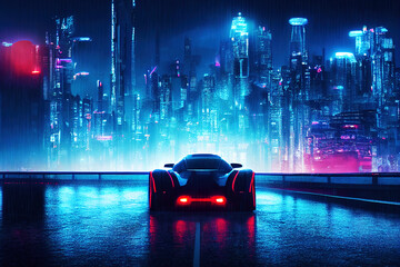 Futuristic cyberpunk city with blue and pink light trail. Concept sci fi downtown at night with skyscraper, highway and billboards. 3D illustration.	
