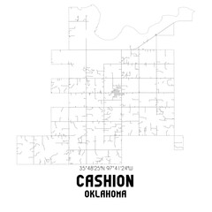 Cashion Oklahoma. US street map with black and white lines.