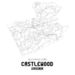 Castlewood Virginia. US street map with black and white lines.