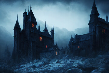 Background for a scary fairy tale background, a dark gothic castle in a dark dead valley, some kind of gray place in a gloomy area of a mountainous region. - obrazy, fototapety, plakaty