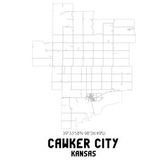 Cawker City Kansas. US street map with black and white lines.