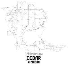 Cedar Michigan. US street map with black and white lines.