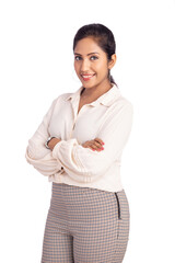 Cheerful hand crossed Indian young business woman isolated on white.