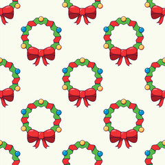 Seamless vector pattern of cartoon detailed Christmas wreath on light beige background for Christmas wrappers, postcards, textile, clothing etc. Christmas, New Year and holiday concept