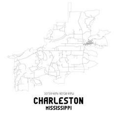 Charleston Mississippi. US street map with black and white lines.