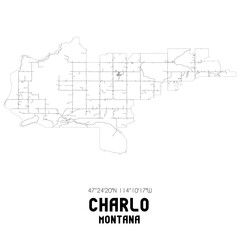 Charlo Montana. US street map with black and white lines.
