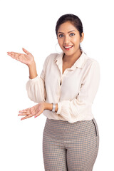 Happy young business woman greeting isolated on white.