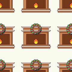 Seamless vector pattern of cartoon Christmas fireplace on light beige background for Christmas wrappers, postcards, textile, clothing etc. Christmas, New Year and holiday concept