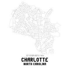 Charlotte North Carolina. US street map with black and white lines.