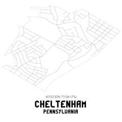 Cheltenham Pennsylvania. US street map with black and white lines.