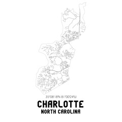 Charlotte North Carolina. US street map with black and white lines.