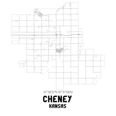 Cheney Kansas. US street map with black and white lines.
