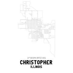 Christopher Illinois. US street map with black and white lines.