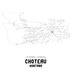 Choteau Montana. US street map with black and white lines.