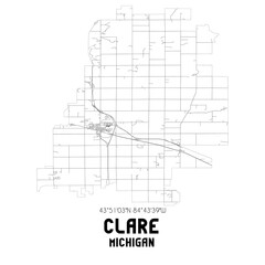 Clare Michigan. US street map with black and white lines.