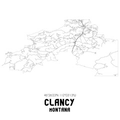 Clancy Montana. US street map with black and white lines.