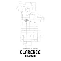 Clarence Missouri. US street map with black and white lines.